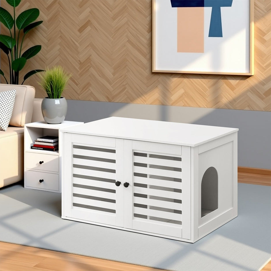 Cat Litter Box Cabinet – PCL – White – Hidden Litter Box with Removable Divider and Dual Shutter Doors