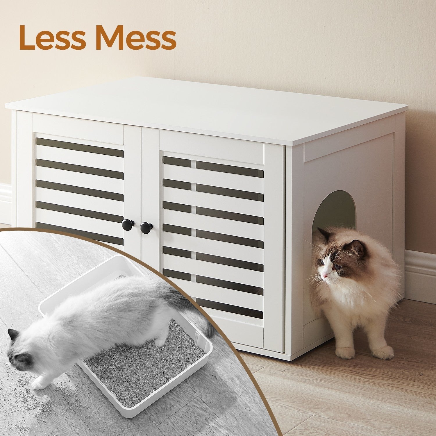 Cat Litter Box Cabinet – PCL – White – Hidden Litter Box with Removable Divider and Dual Shutter Doors