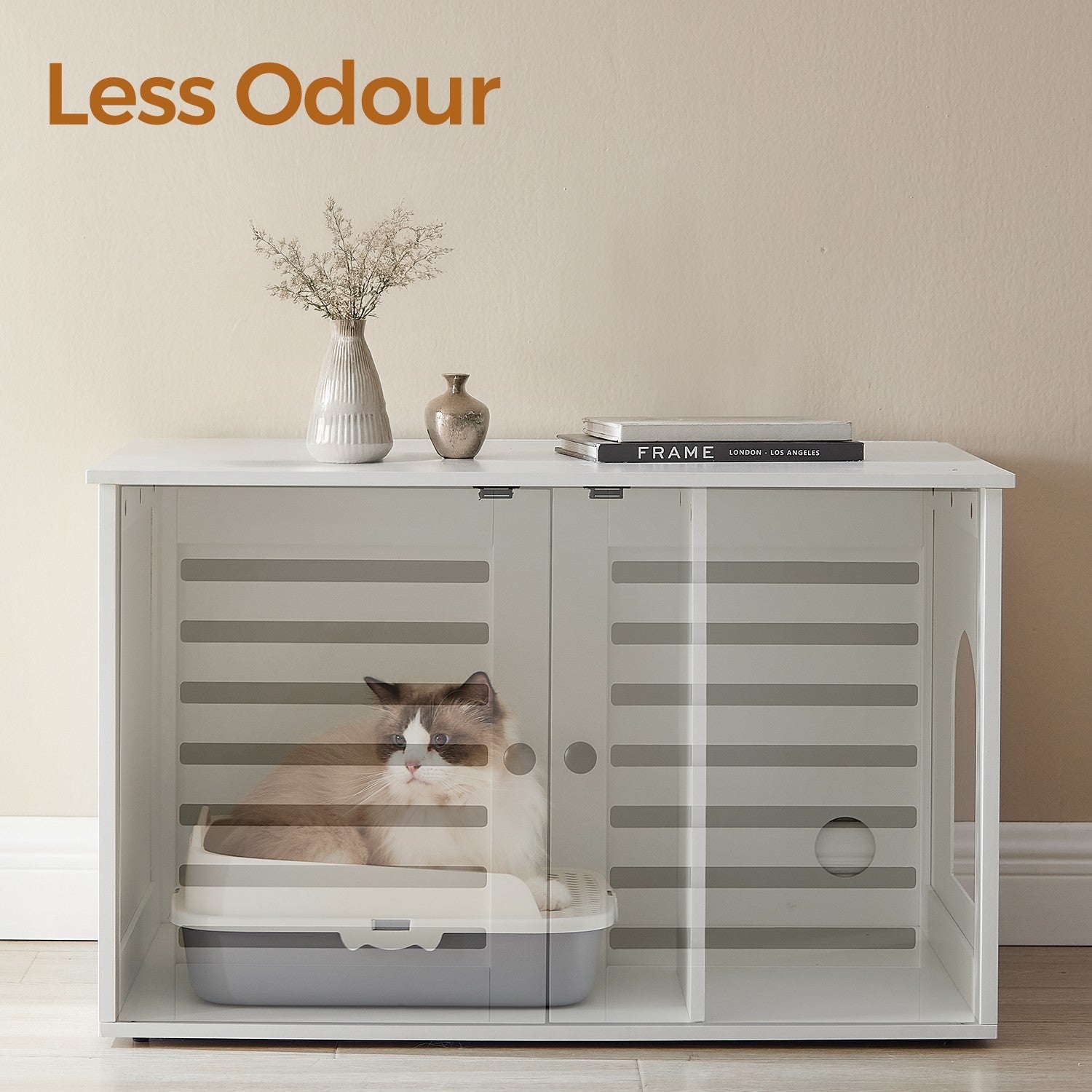 Cat Litter Box Cabinet – PCL – White – Hidden Litter Box with Removable Divider and Dual Shutter Doors