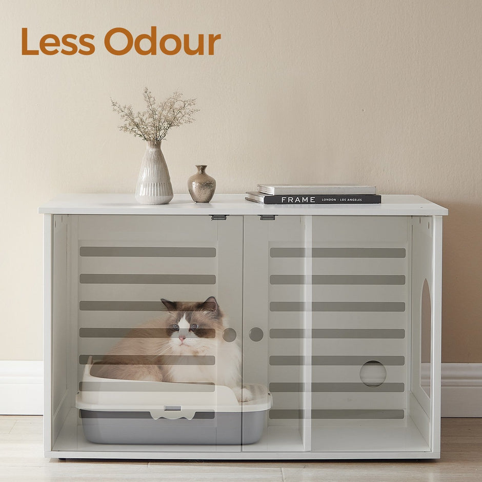 Cat Litter Box Cabinet – PCL – White – Hidden Litter Box with Removable Divider and Dual Shutter Doors