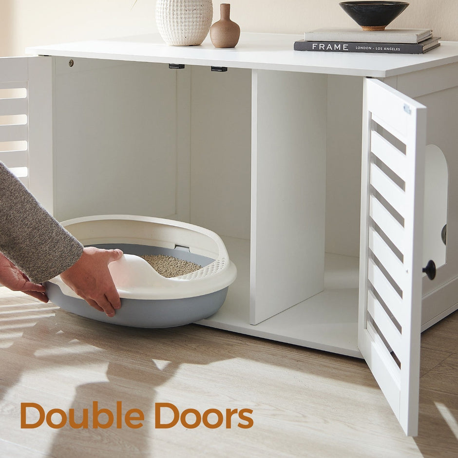 Cat Litter Box Cabinet – PCL – White – Hidden Litter Box with Removable Divider and Dual Shutter Doors
