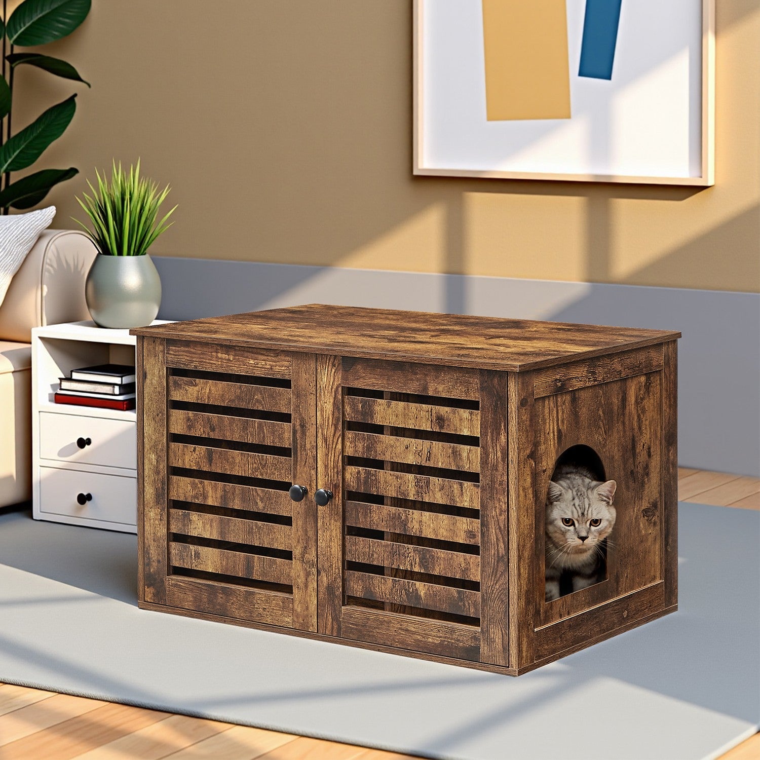 Cat Litter Box Cabinet – Rustic Brown – Hidden Design with Removable Divider and Shutter Doors