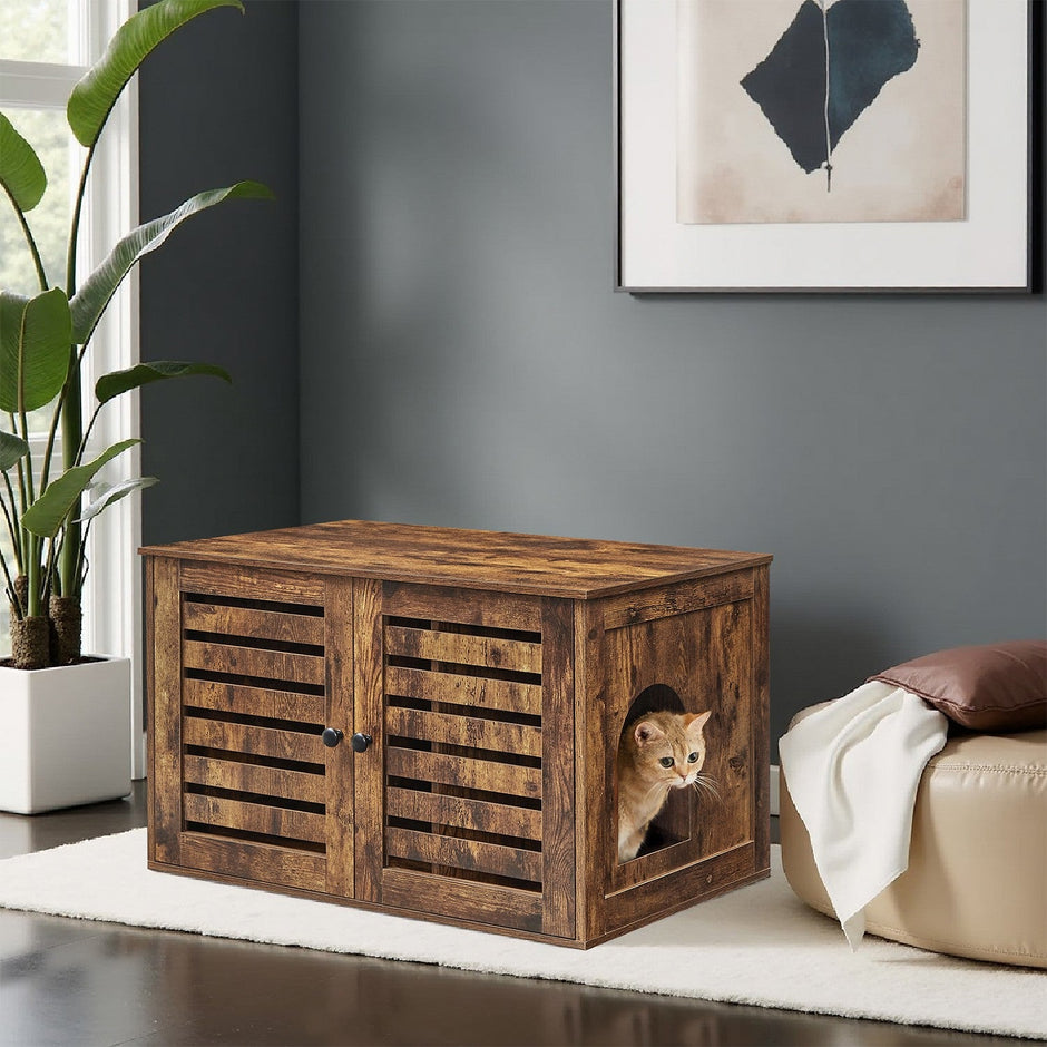 Cat Litter Box Cabinet – Rustic Brown – Hidden Design with Removable Divider and Shutter Doors