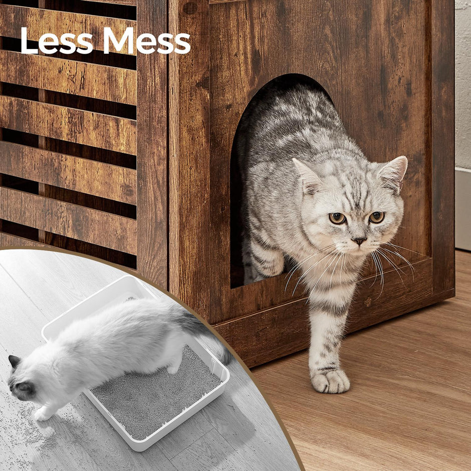 Cat Litter Box Cabinet – Rustic Brown – Hidden Design with Removable Divider and Shutter Doors
