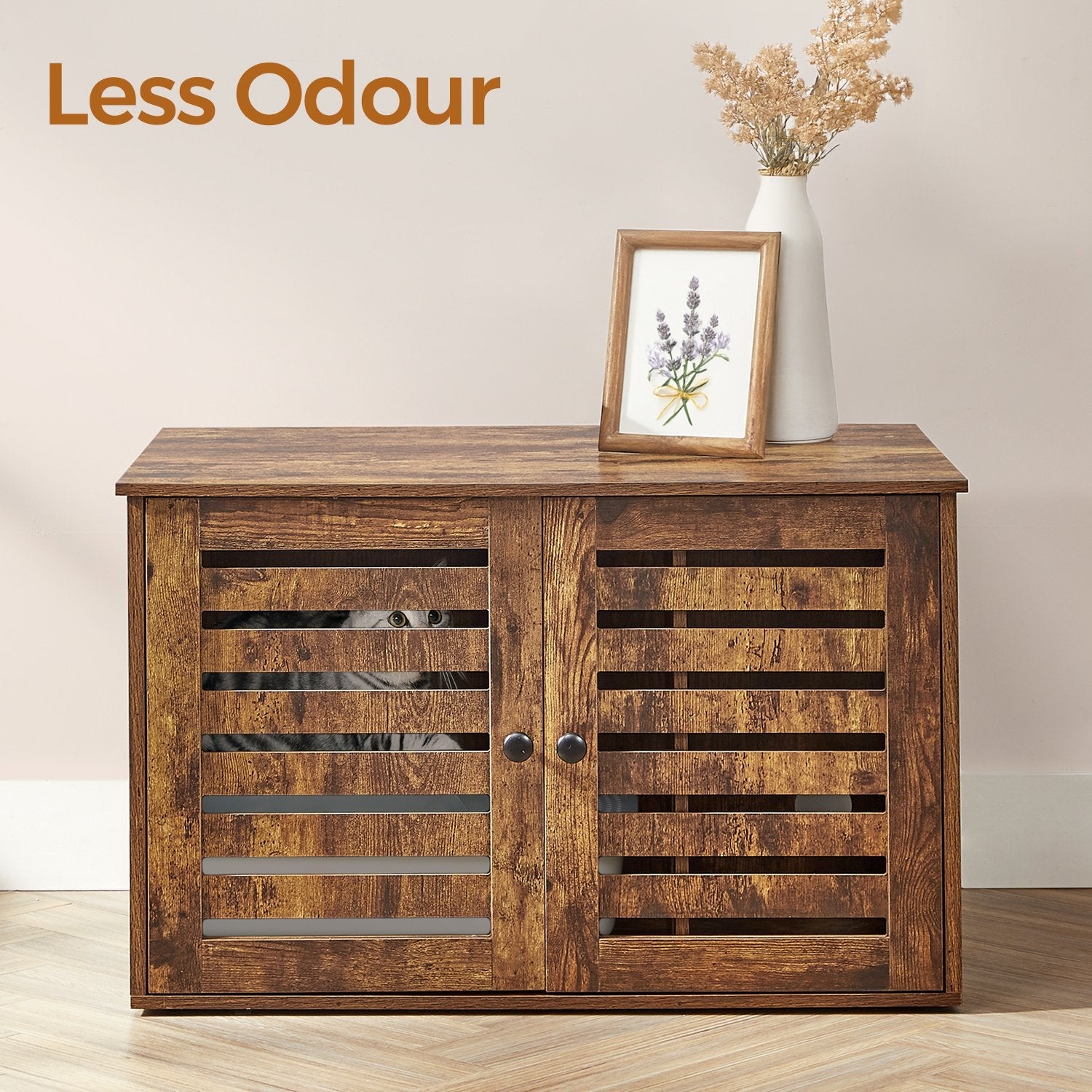 Cat Litter Box Cabinet – Rustic Brown – Hidden Design with Removable Divider and Shutter Doors