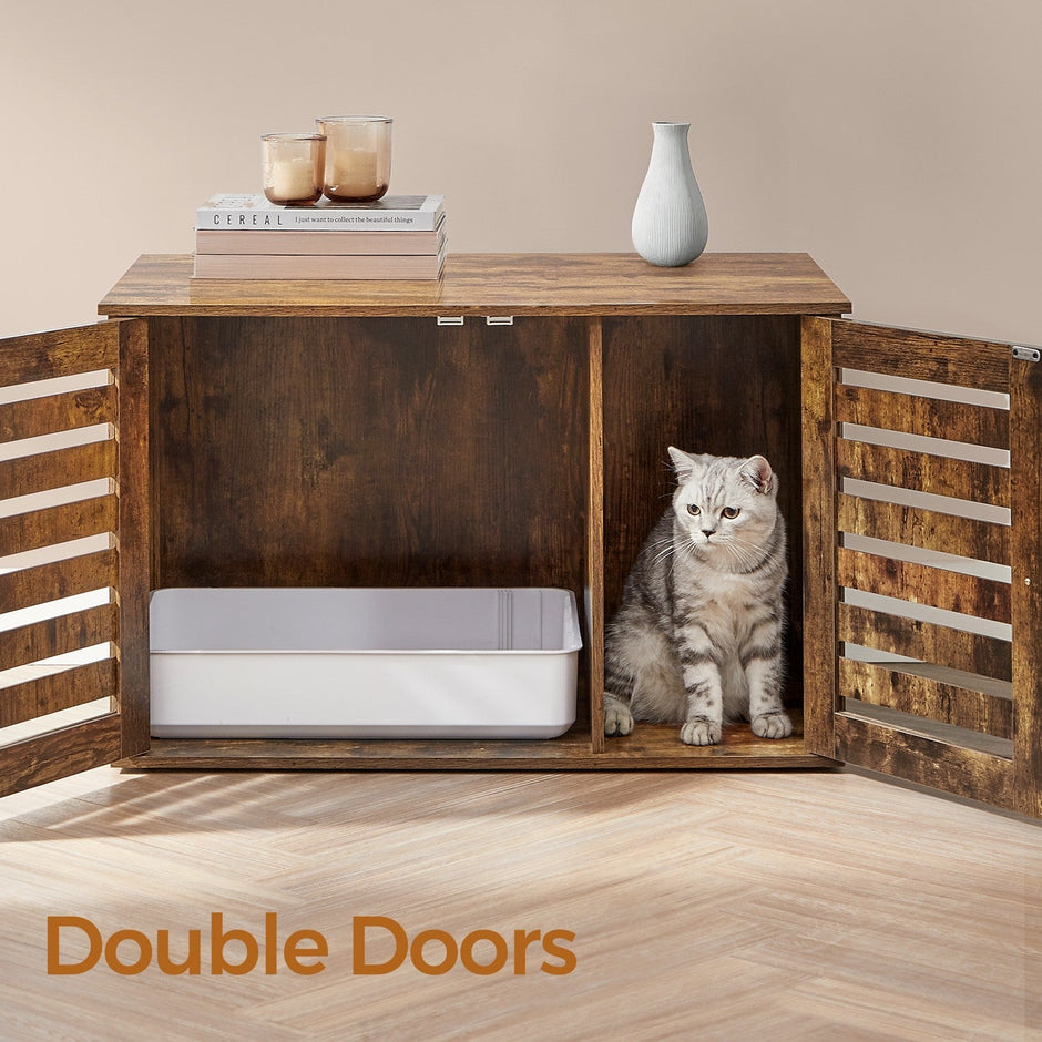 Cat Litter Box Cabinet – Rustic Brown – Hidden Design with Removable Divider and Shutter Doors