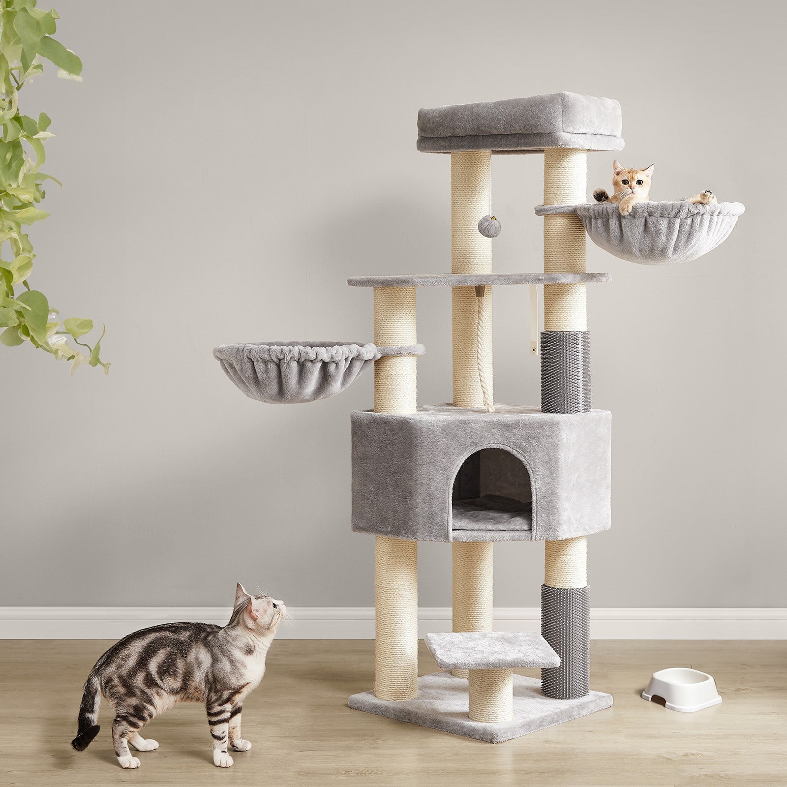 Heavy-Duty Cat Condo – Wood – Dove Grey and Black – 9 Scratching Posts and Self-Warming Pads
