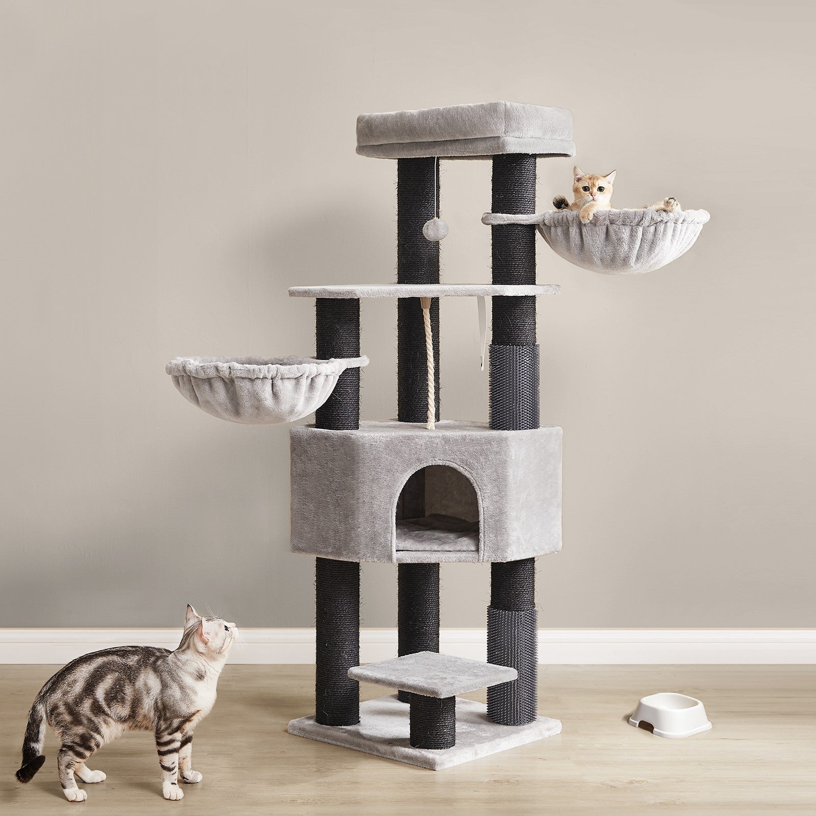 Large Cat Condo – Heavy Duty – Dove Grey and Black – 9 Scratching Posts with Self-Warming Pads and Self-Groomers