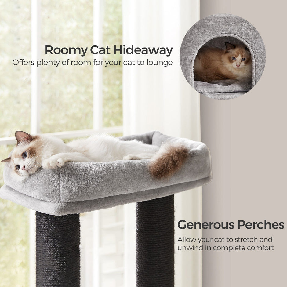 Large Cat Condo – Heavy Duty – Dove Grey and Black – 9 Scratching Posts with Self-Warming Pads and Self-Groomers