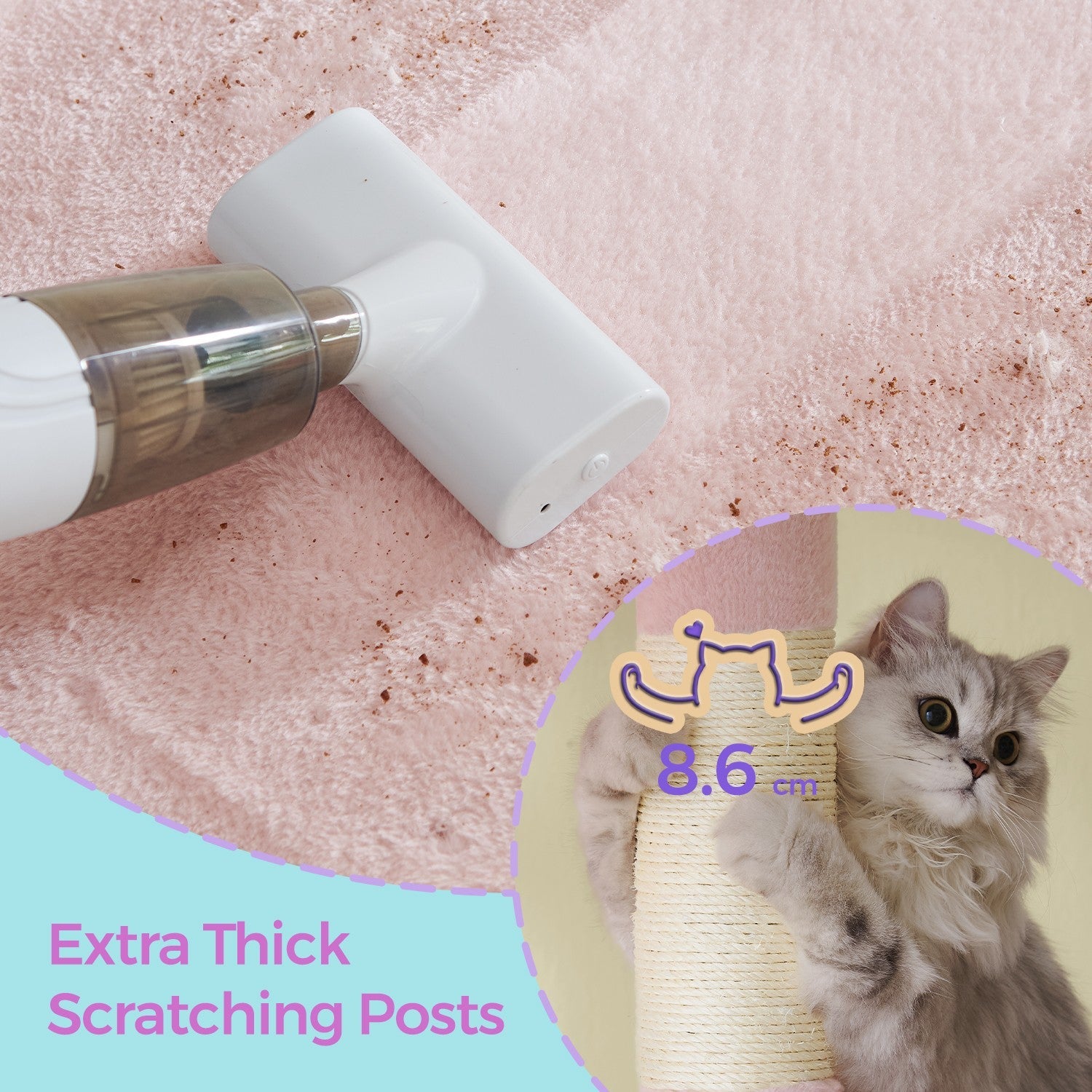 Cat Tree – Wood – Light Grey – Large Perch with Two Cat Caves and Scratching Post