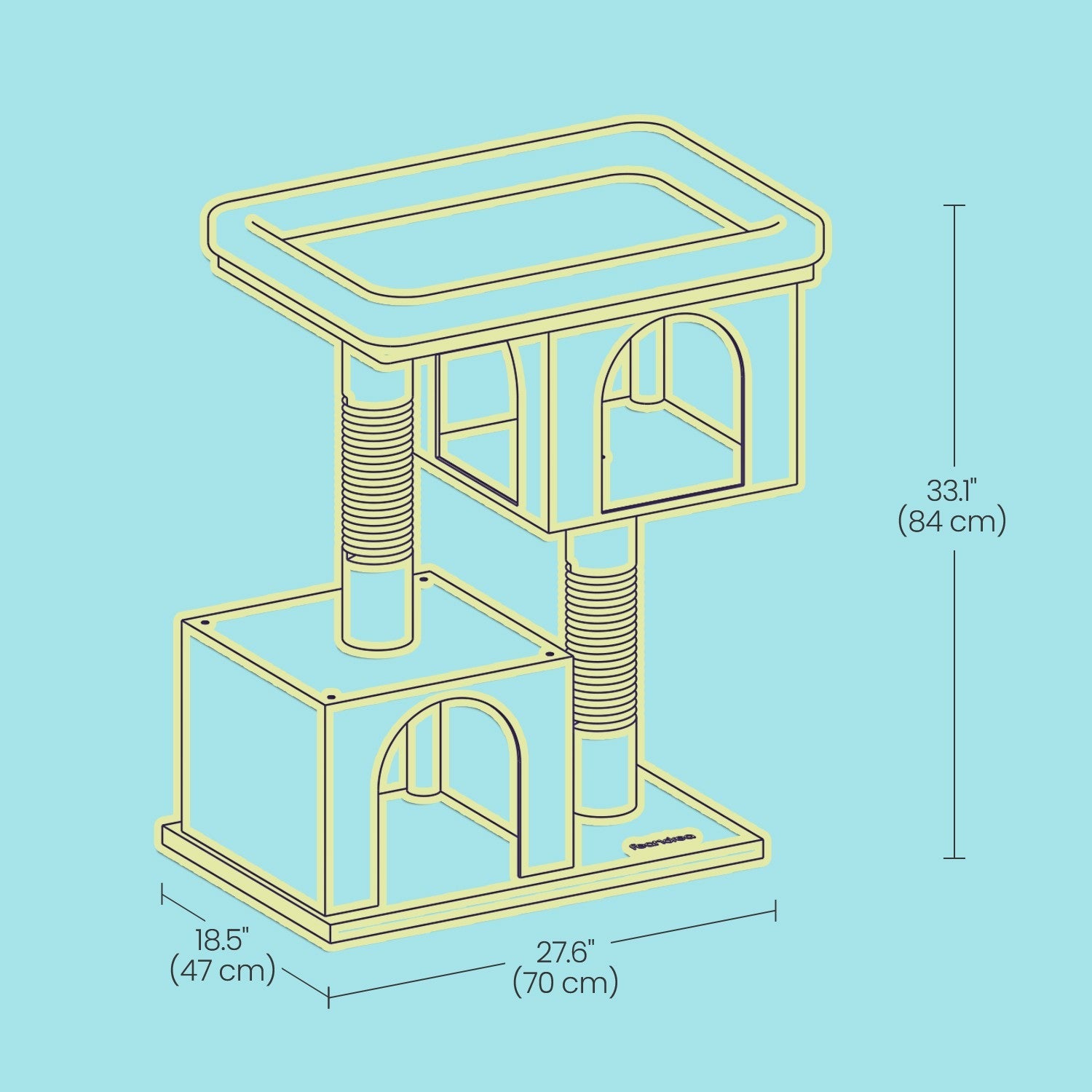 Cat Tree – Wood – Light Grey – Large Perch with Two Cat Caves and Scratching Post