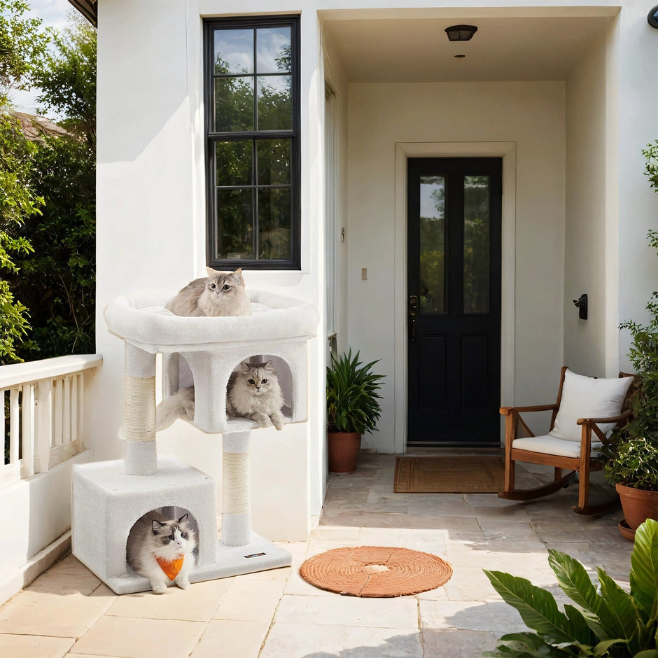 Cat Tree – Wood – Light Grey – Large Perch with Two Cat Caves and Scratching Post