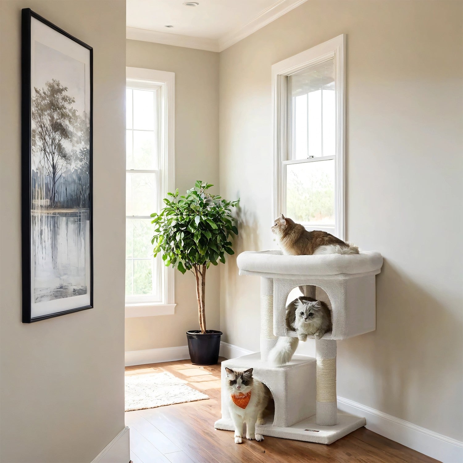 Cat Tree – Wood – Light Grey – Large Perch with Two Cat Caves and Scratching Post