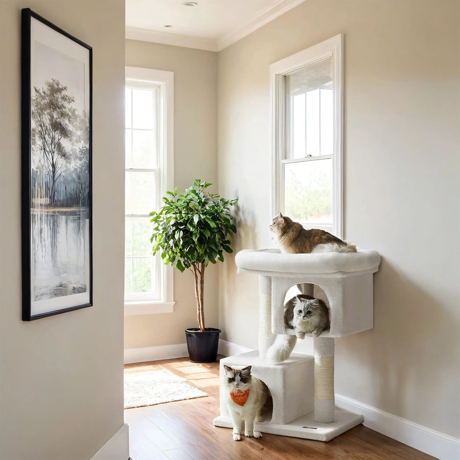 Cat Tree – Wood – Light Grey – Large Perch with Two Cat Caves and Scratching Post