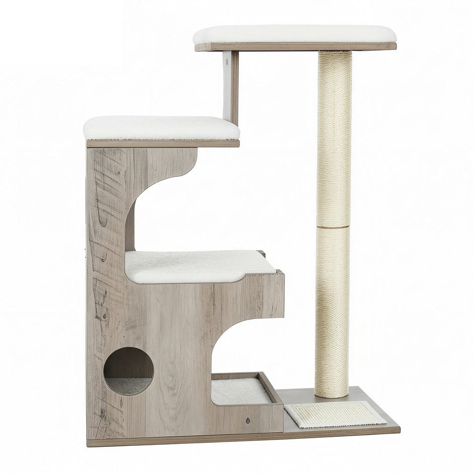 Cat Tree – MDF with Wood Veneer – Greige – Modern Design with Scratching Posts and Washable Cushions