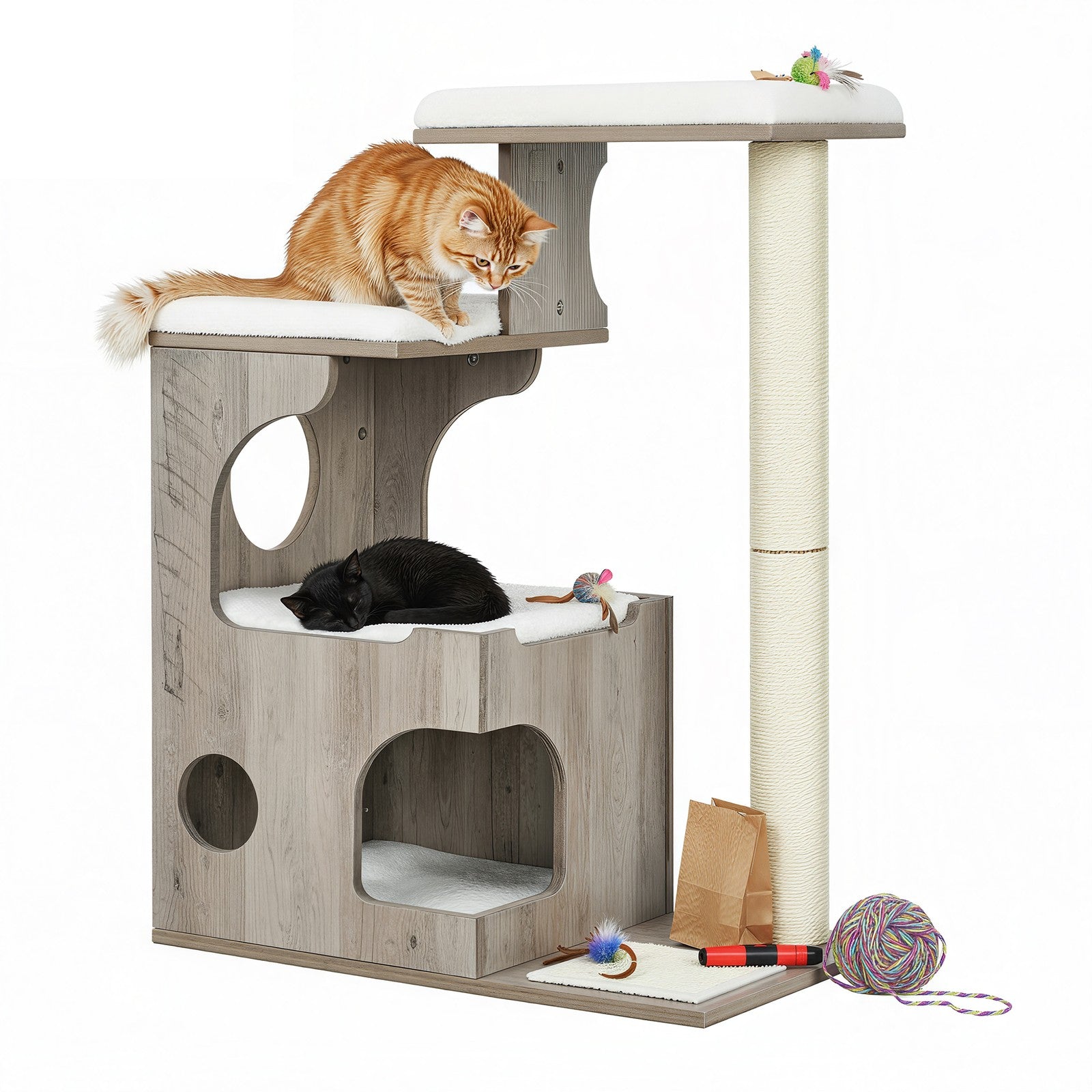 Cat Tree – MDF with Wood Veneer – Greige – Modern Design with Scratching Posts and Washable Cushions