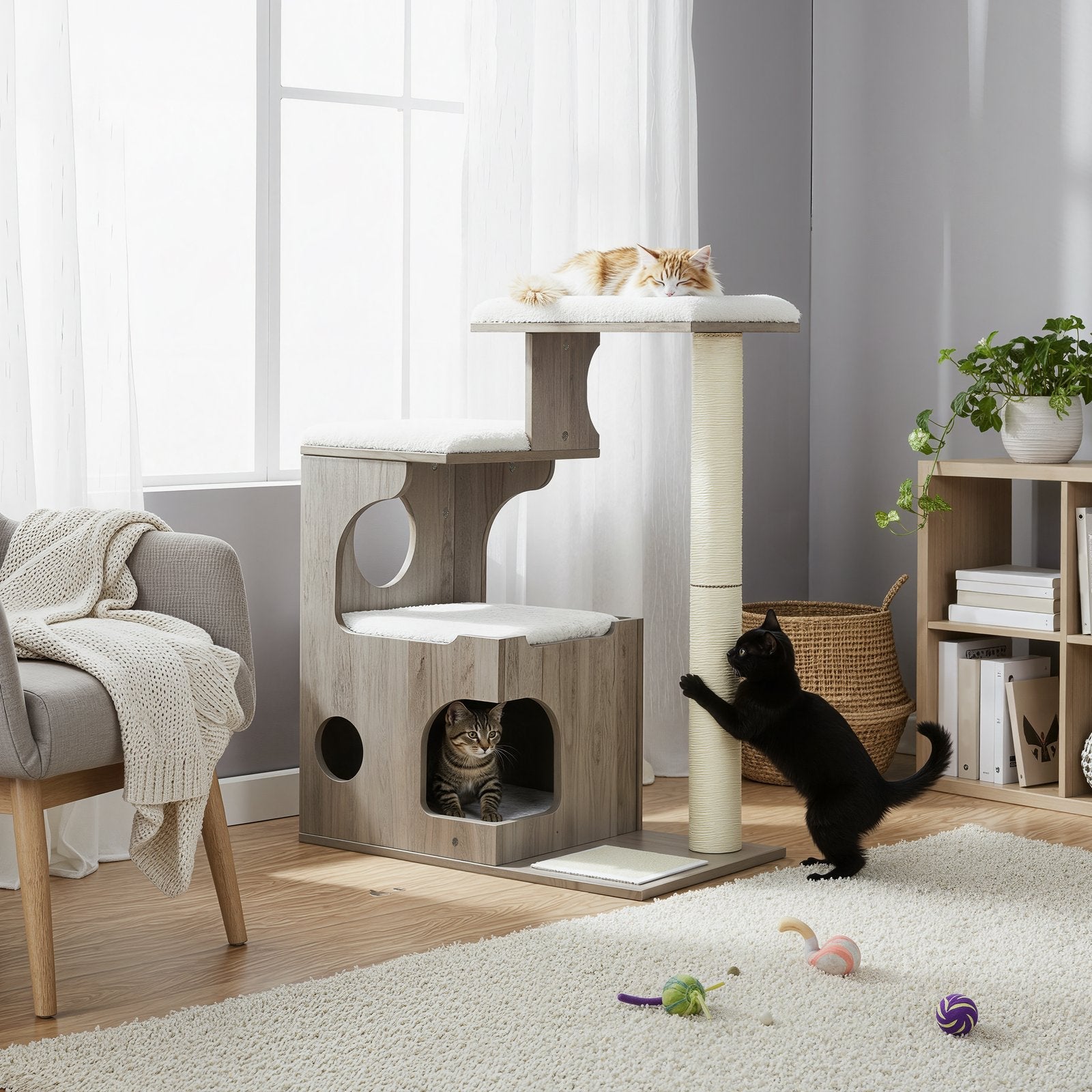 Cat Tree – MDF with Wood Veneer – Greige – Modern Design with Scratching Posts and Washable Cushions