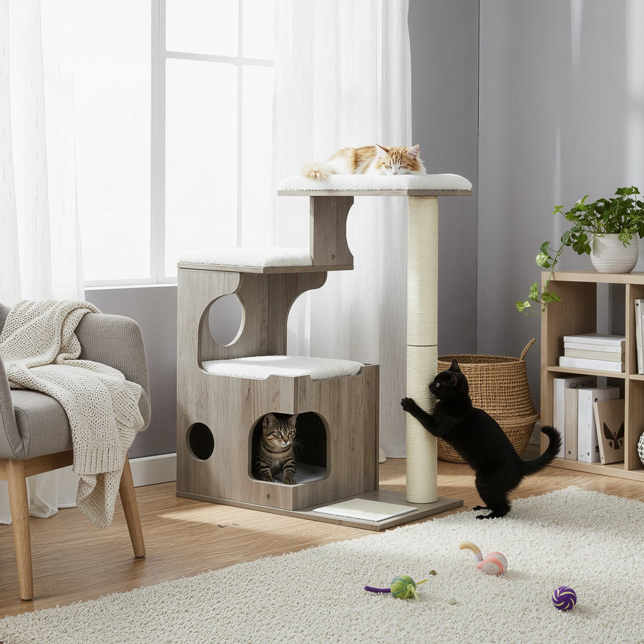 Cat Tree – MDF with Wood Veneer – Greige – Modern Design with Scratching Posts and Washable Cushions