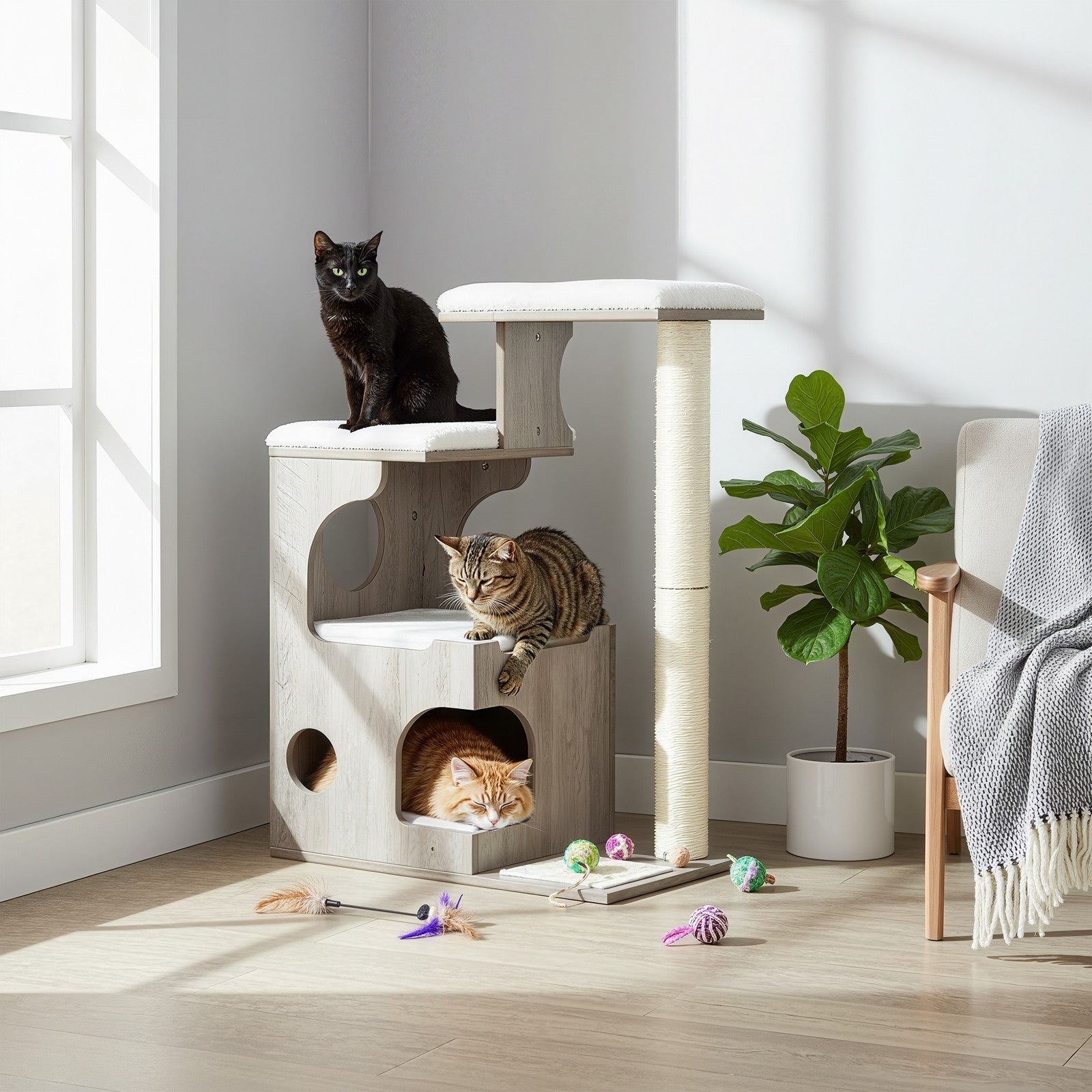 Cat Tree – MDF with Wood Veneer – Greige – Modern Design with Scratching Posts and Washable Cushions