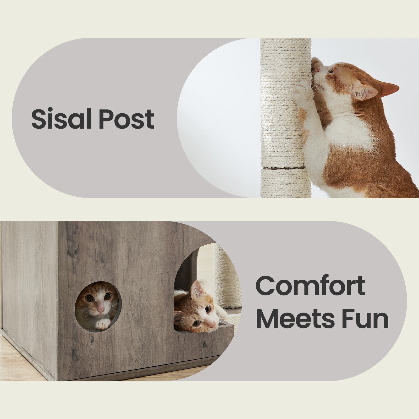 Cat Tree – MDF with Wood Veneer – Greige – Modern Design with Scratching Posts and Washable Cushions