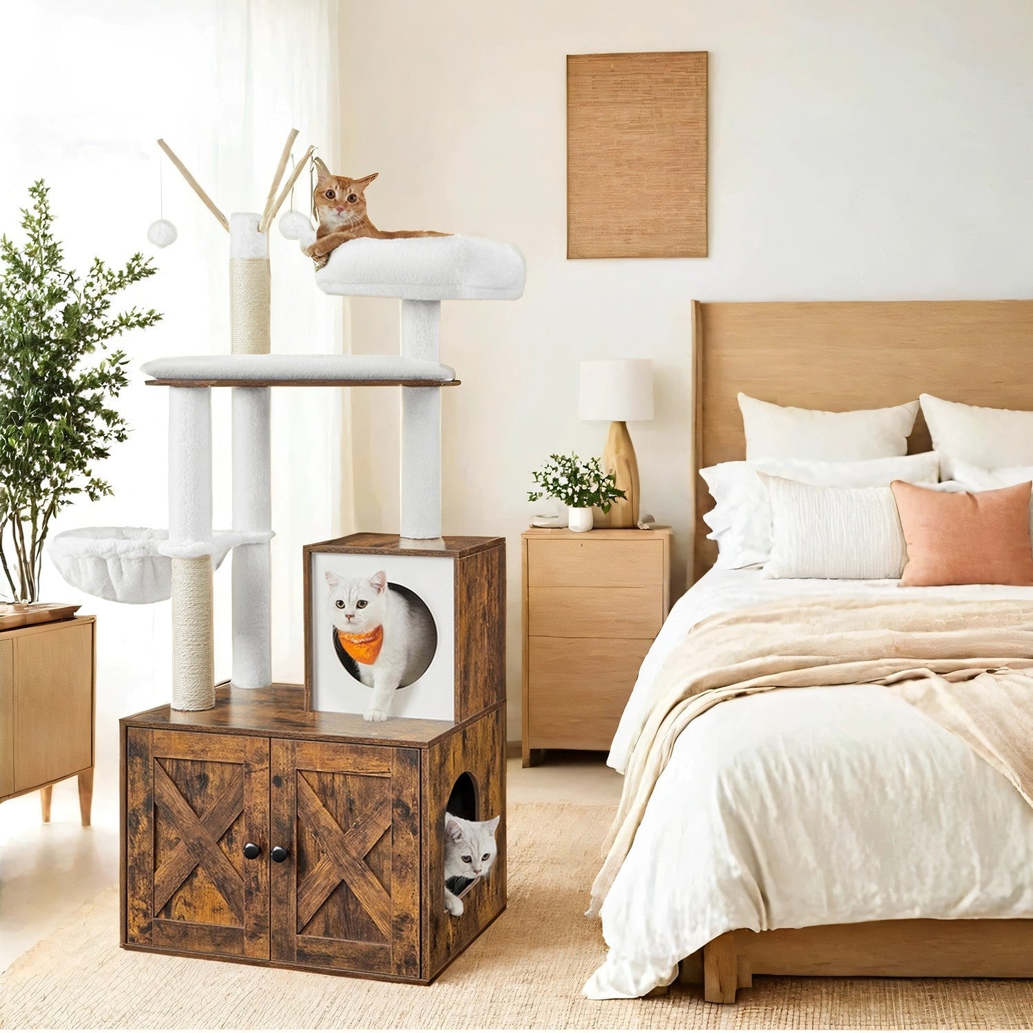 Cat Tree – Wood – Cloud White – Modern Design with Litter Box Enclosure and Scratching Posts