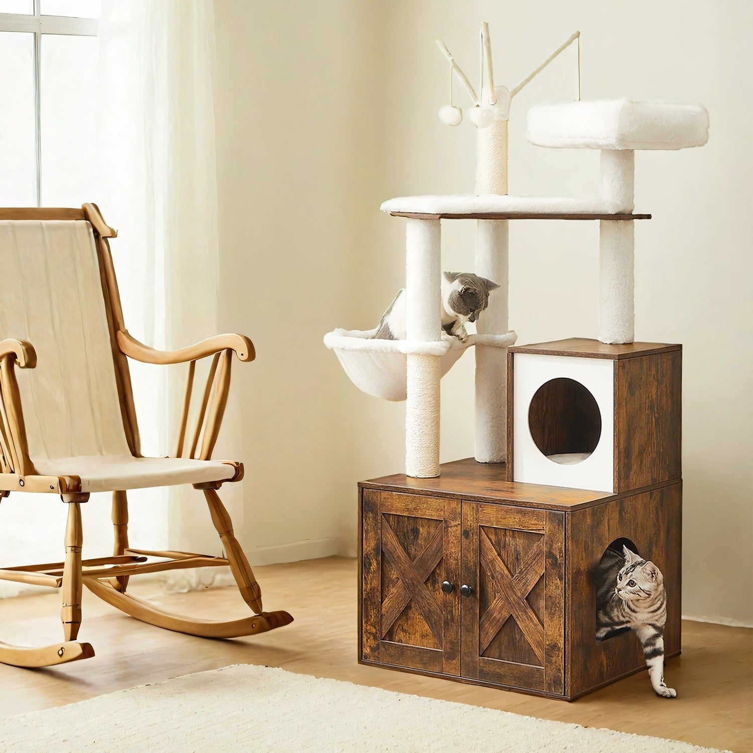Cat Tree – Wood – Cloud White – Modern Design with Litter Box Enclosure and Scratching Posts