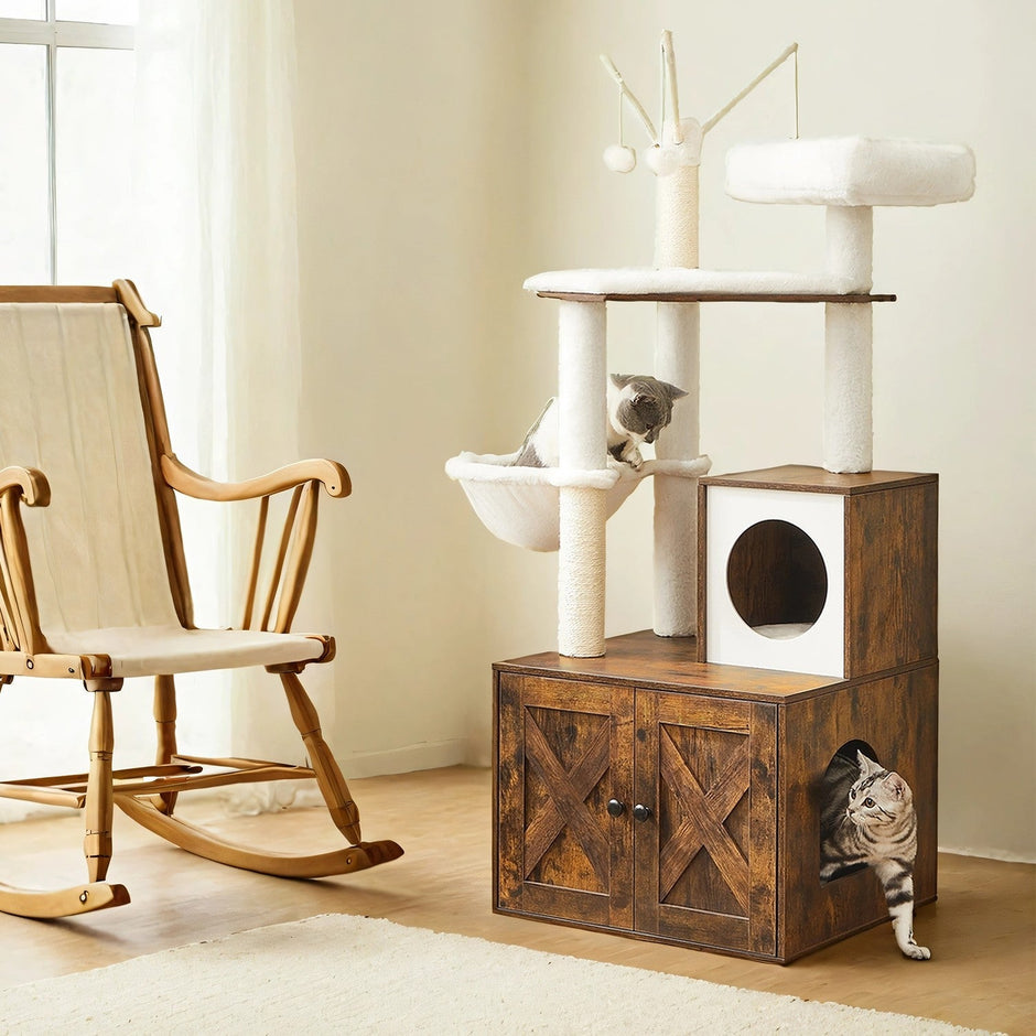 Cat Tree – Wood – Cloud White – Modern Design with Litter Box Enclosure and Scratching Posts