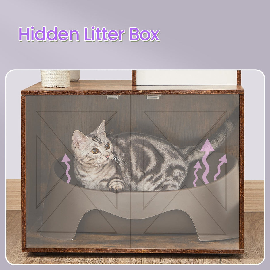 Cat Tree – Wood – Cloud White – Modern Design with Litter Box Enclosure and Scratching Posts