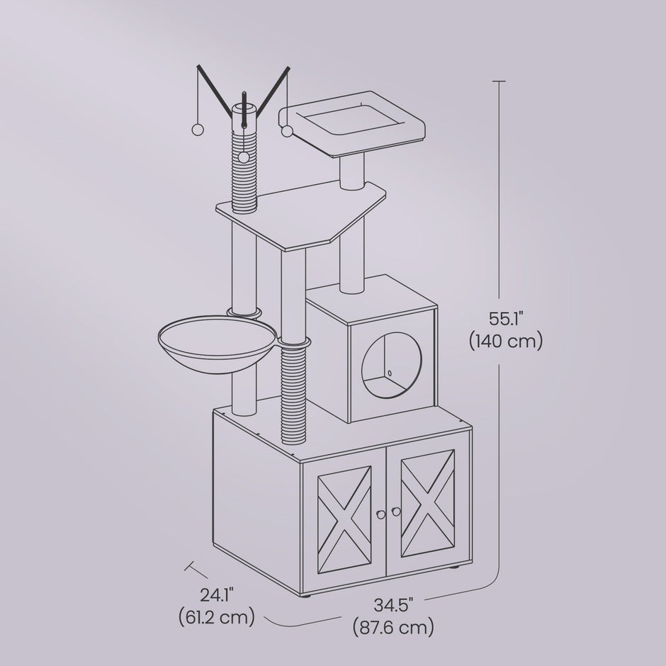 Cat Tree – Wood – Cloud White – Modern Design with Litter Box Enclosure and Scratching Posts
