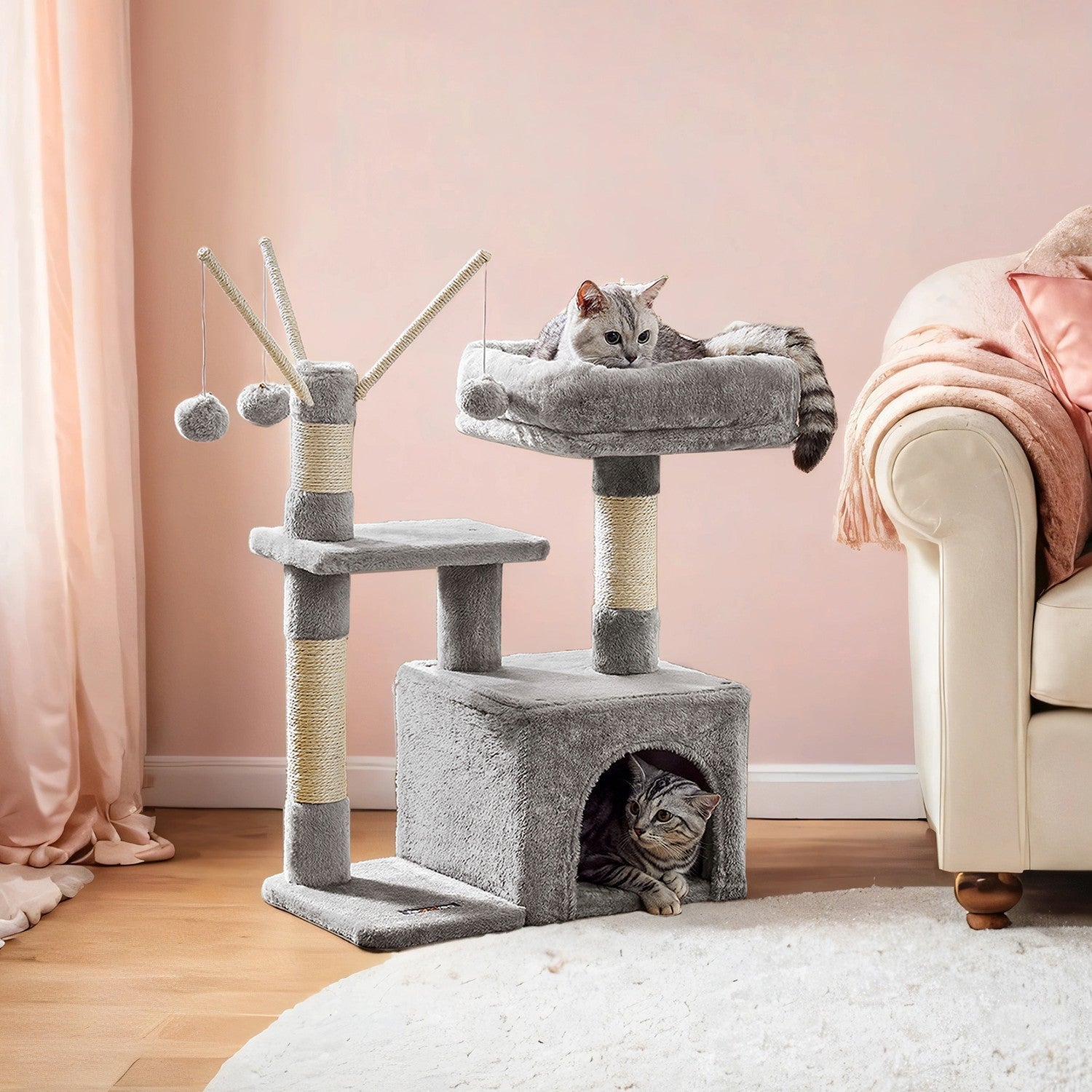 Cat Tree – Wood and Plush – Light Grey – 72 cm with Scratching Post and Three Pompoms