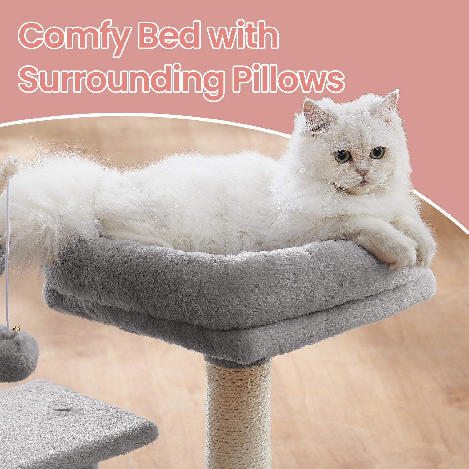 Cat Tree – Wood and Plush – Light Grey – 72 cm with Scratching Post and Three Pompoms