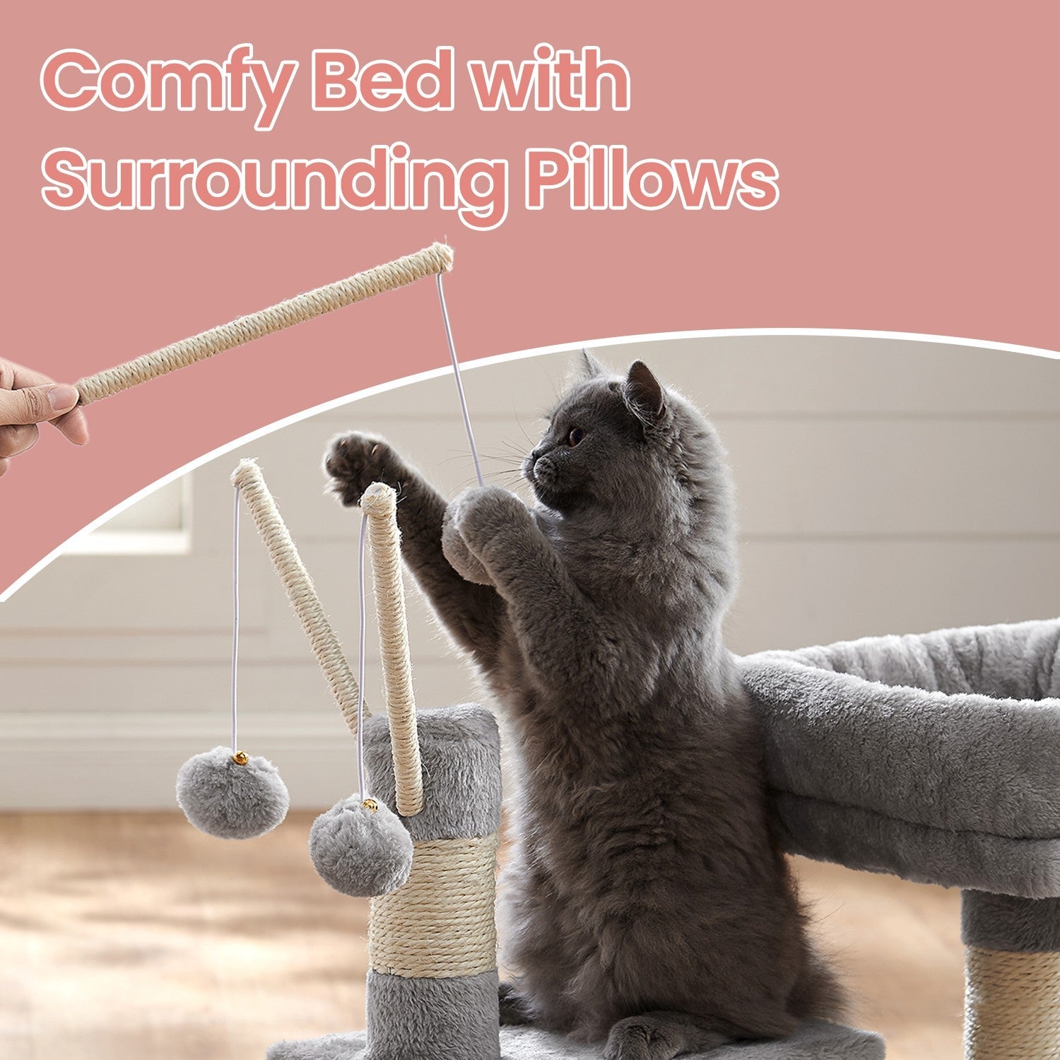 Cat Tree – Wood and Plush – Light Grey – 72 cm with Scratching Post and Three Pompoms