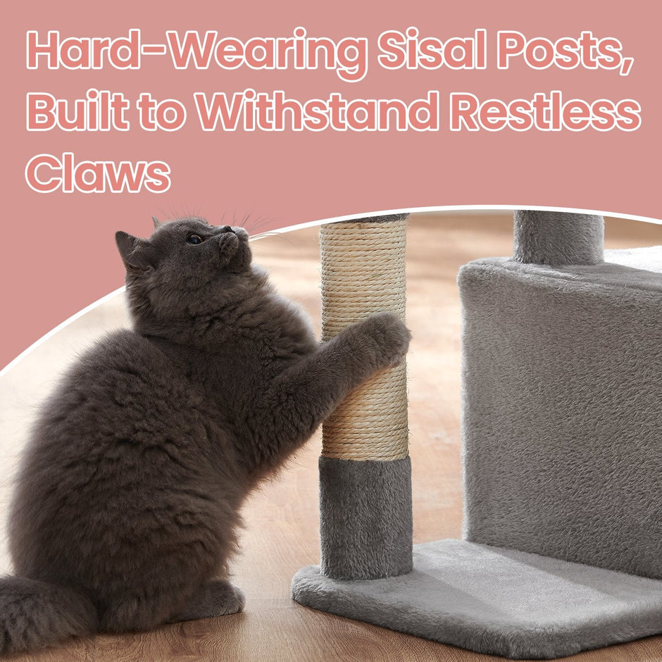 Cat Tree – Wood and Plush – Light Grey – 72 cm with Scratching Post and Three Pompoms