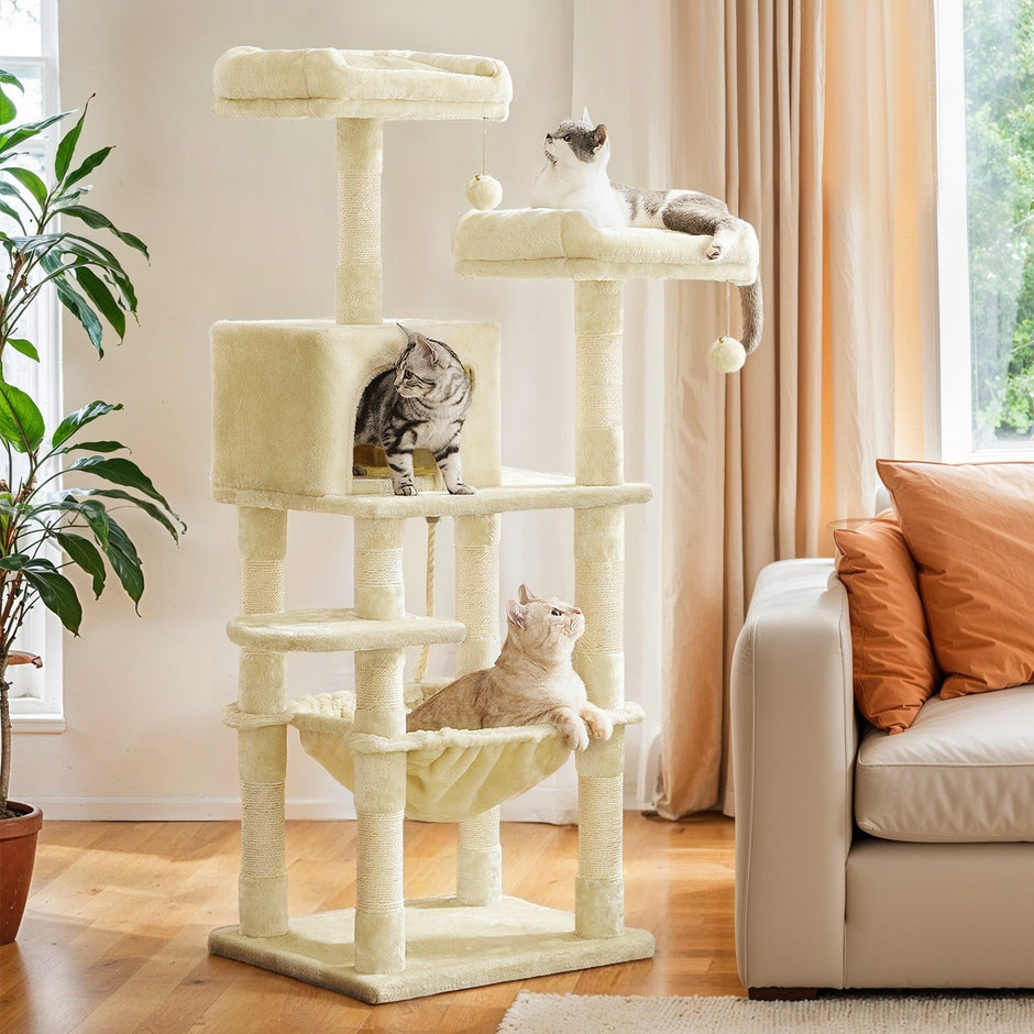 Multi-Level Cat Condo – Engineered Wood – Smoky Gray/Beige/Cream White/Light Gray – 11 Scratching Posts, 2 Perches, Hammock
