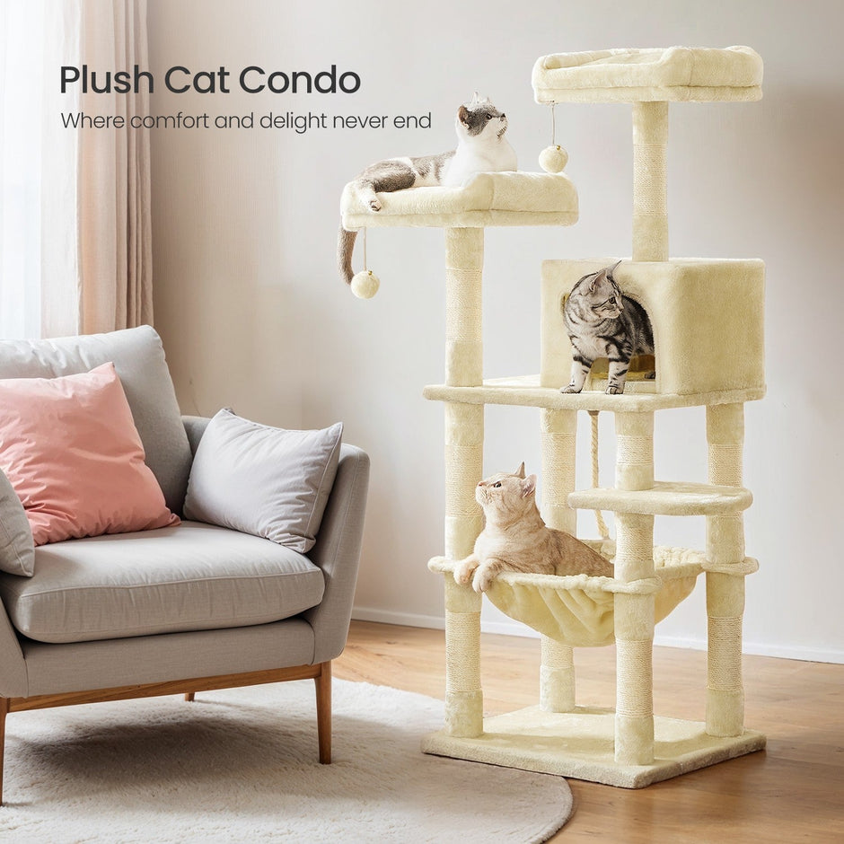 Multi-Level Cat Condo – Engineered Wood – Smoky Gray/Beige/Cream White/Light Gray – 11 Scratching Posts, 2 Perches, Hammock