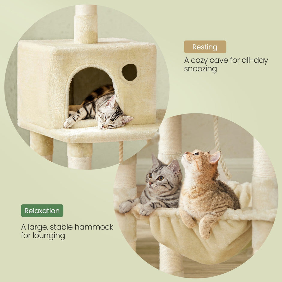 Multi-Level Cat Condo – Engineered Wood – Smoky Gray/Beige/Cream White/Light Gray – 11 Scratching Posts, 2 Perches, Hammock