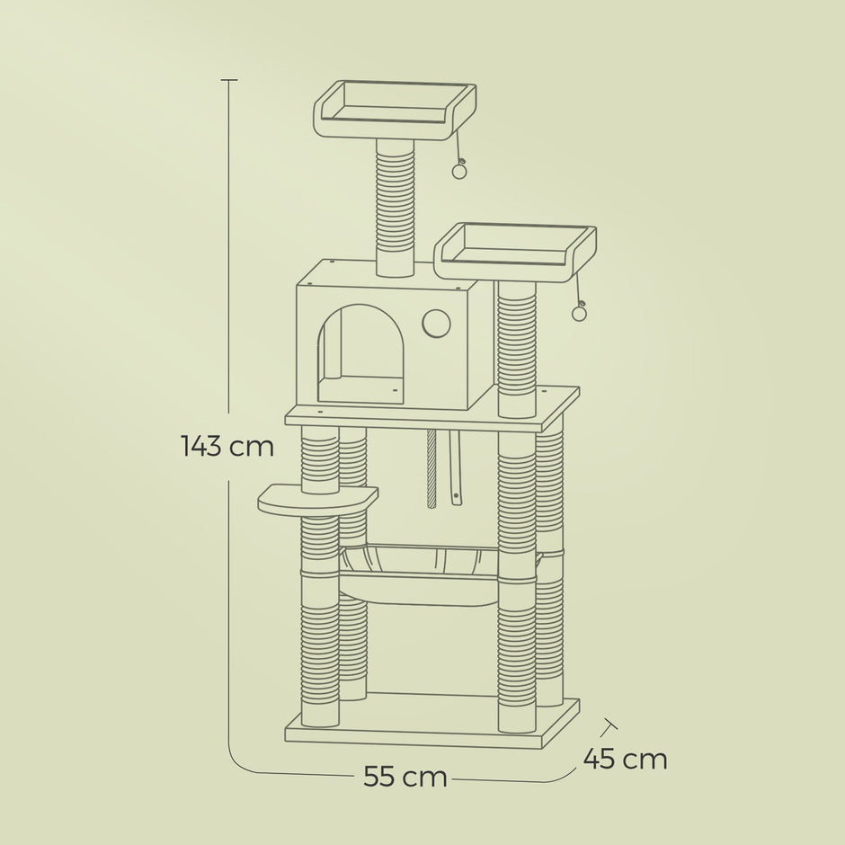 Multi-Level Cat Condo – Engineered Wood – Smoky Gray/Beige/Cream White/Light Gray – 11 Scratching Posts, 2 Perches, Hammock