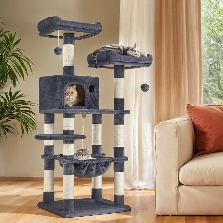 Multi-Level Cat Condo – Engineered Wood – Smoky Gray/Beige/Cream White/Light Gray – 11 Scratching Posts, 2 Perches, Hammock