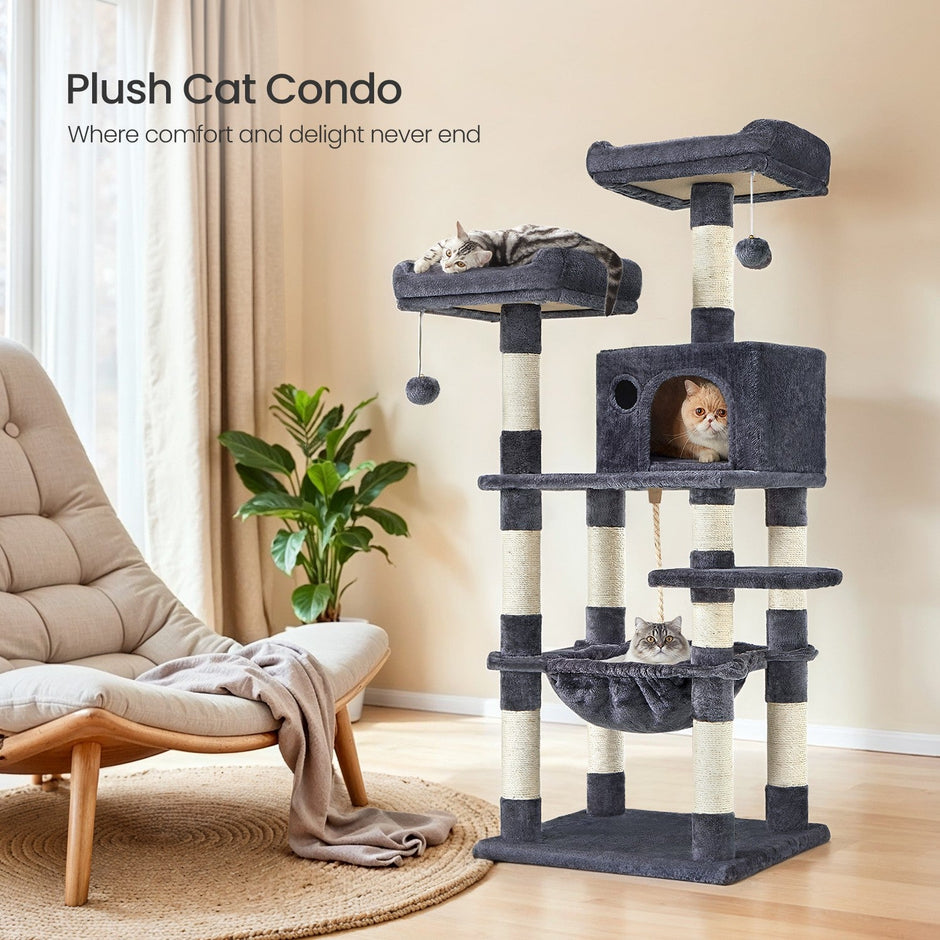Multi-Level Cat Condo – Engineered Wood – Smoky Gray/Beige/Cream White/Light Gray – 11 Scratching Posts, 2 Perches, Hammock