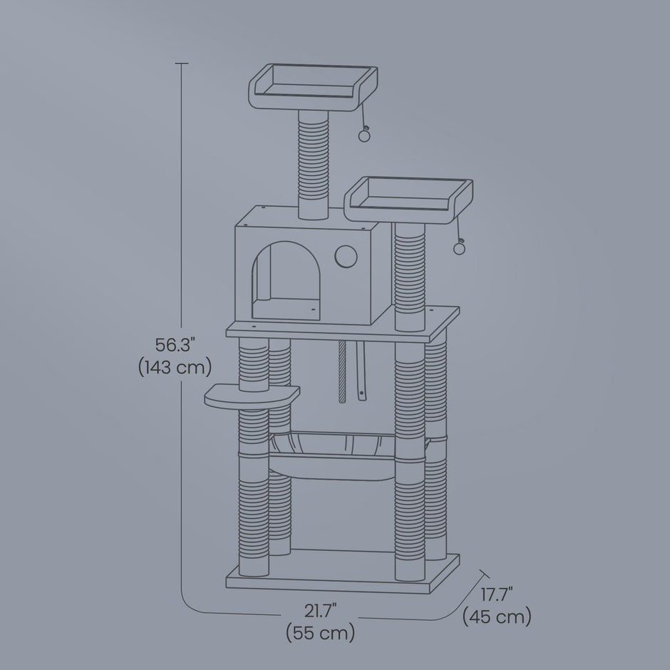 Multi-Level Cat Condo – Engineered Wood – Smoky Gray/Beige/Cream White/Light Gray – 11 Scratching Posts, 2 Perches, Hammock