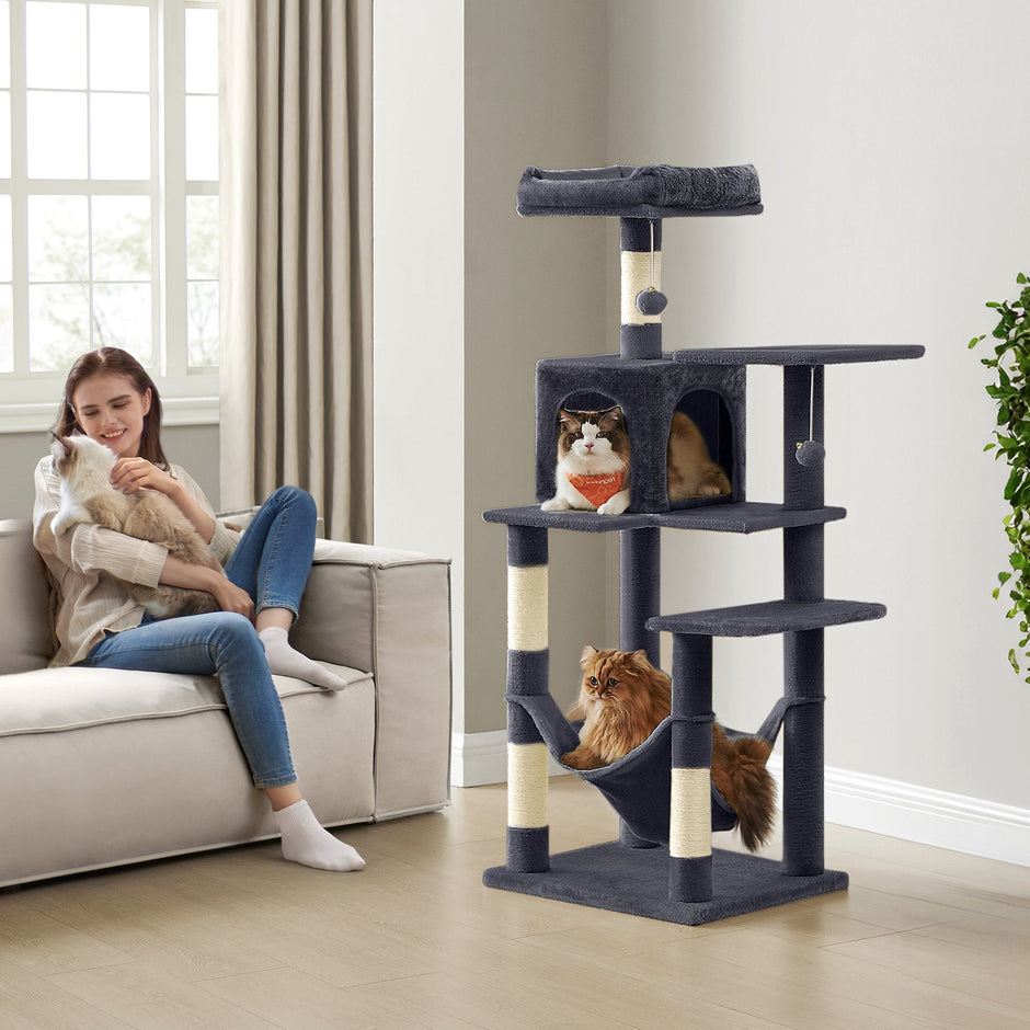 Multi-Level Cat Tree – Engineered Wood – Light Gray/Smoky Gray/Beige/Cream White – Featuring 4 Scratching Posts, 2 Perches, and Hammock