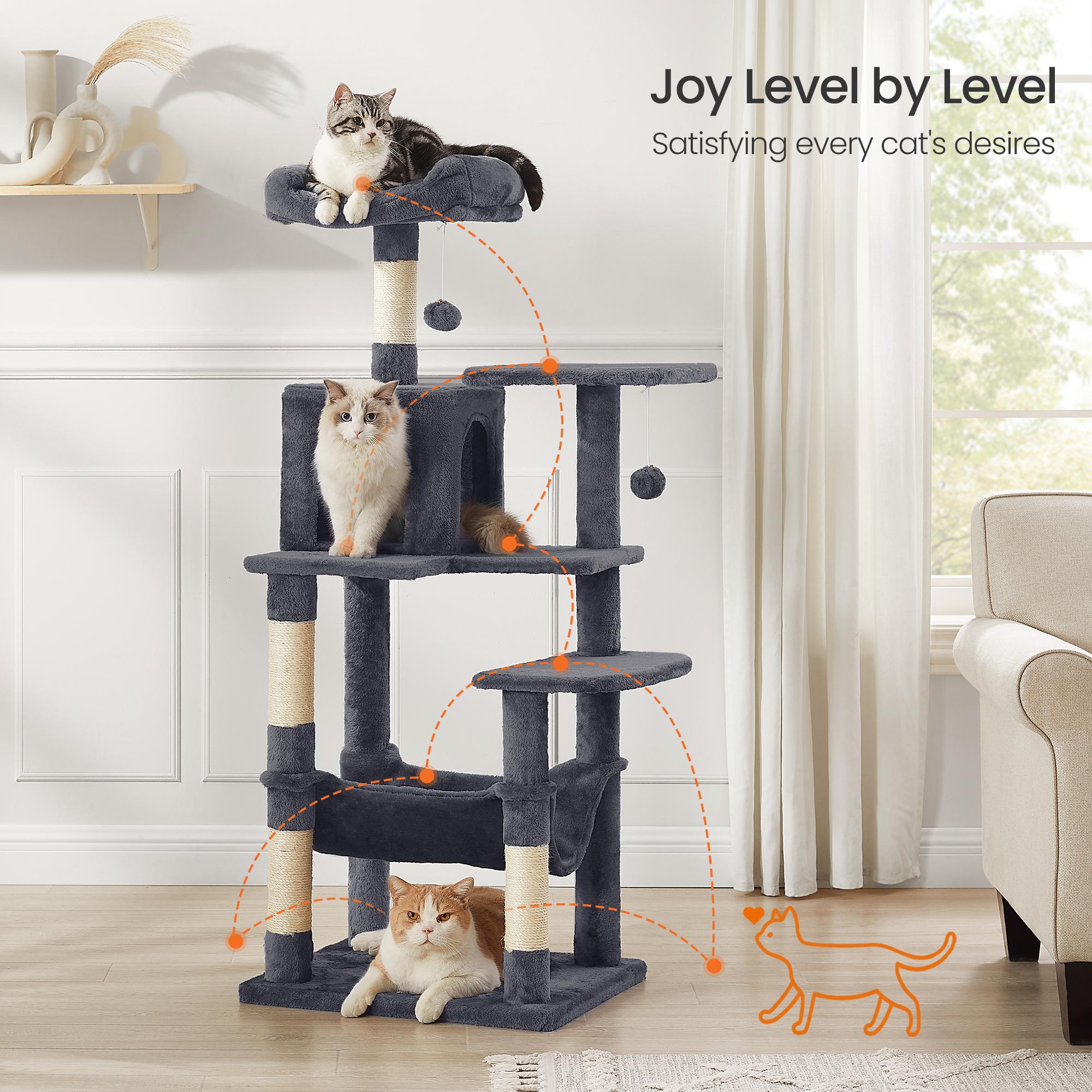 Multi-Level Cat Tree – Engineered Wood – Light Gray/Smoky Gray/Beige/Cream White – Featuring 4 Scratching Posts, 2 Perches, and Hammock