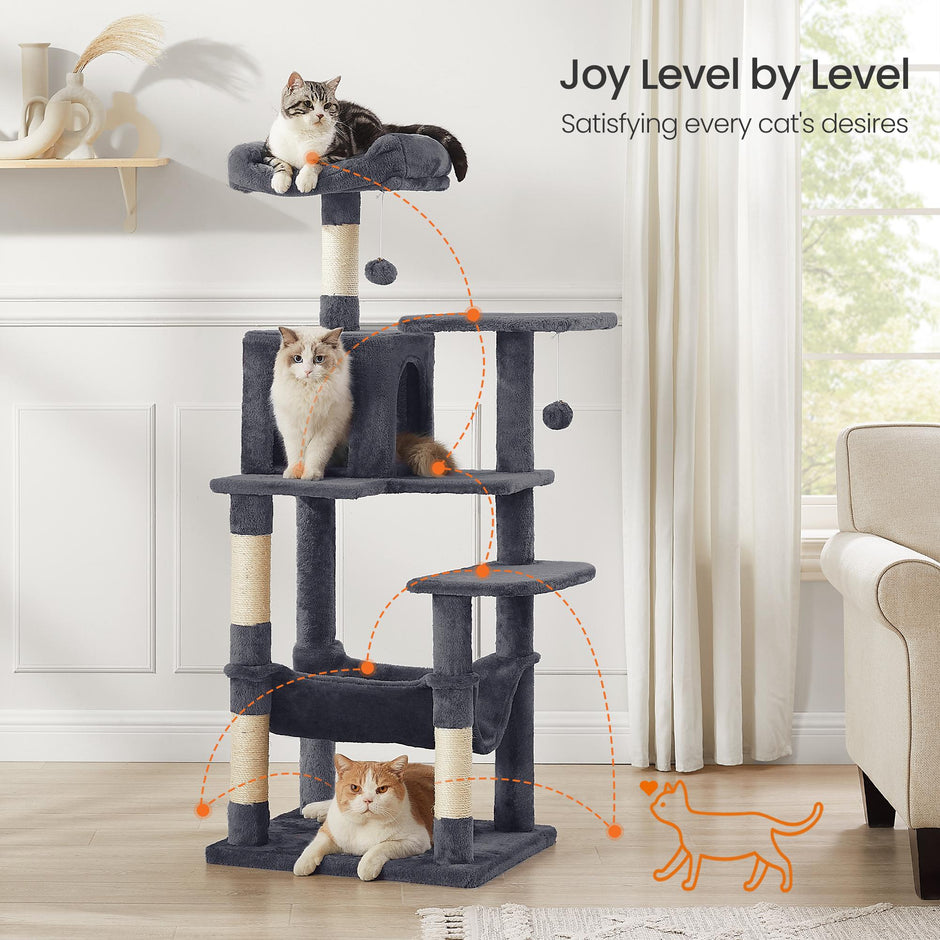 Multi-Level Cat Tree – Engineered Wood – Light Gray/Smoky Gray/Beige/Cream White – Featuring 4 Scratching Posts, 2 Perches, and Hammock
