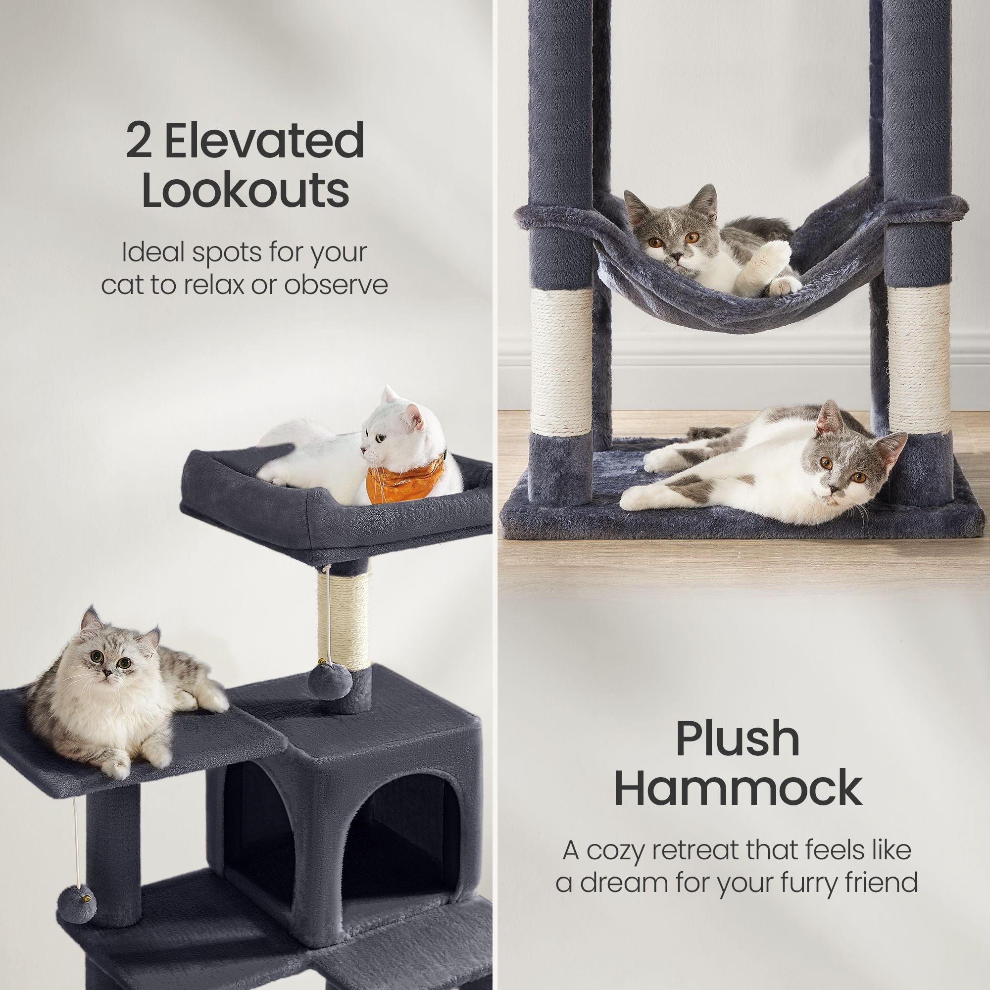 Multi-Level Cat Tree – Engineered Wood – Light Gray/Smoky Gray/Beige/Cream White – Featuring 4 Scratching Posts, 2 Perches, and Hammock