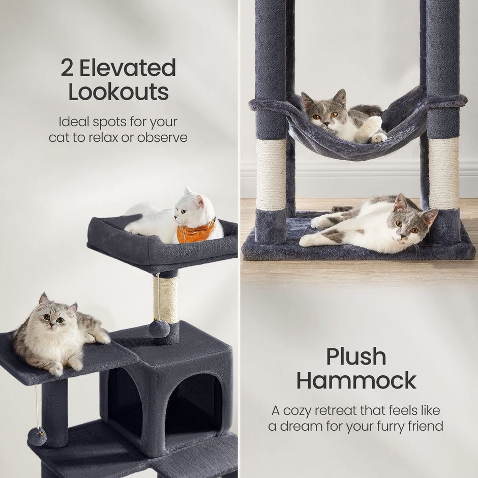 Multi-Level Cat Tree – Engineered Wood – Light Gray/Smoky Gray/Beige/Cream White – Featuring 4 Scratching Posts, 2 Perches, and Hammock