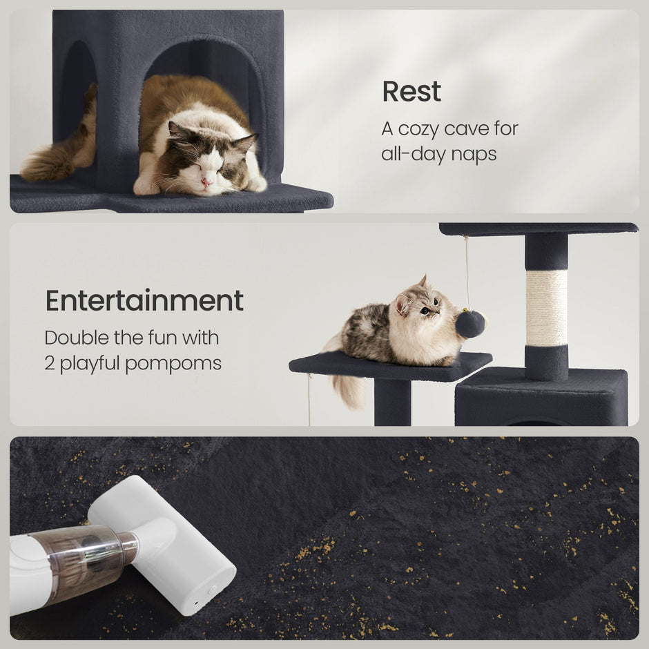 Multi-Level Cat Tree – Engineered Wood – Light Gray/Smoky Gray/Beige/Cream White – Featuring 4 Scratching Posts, 2 Perches, and Hammock