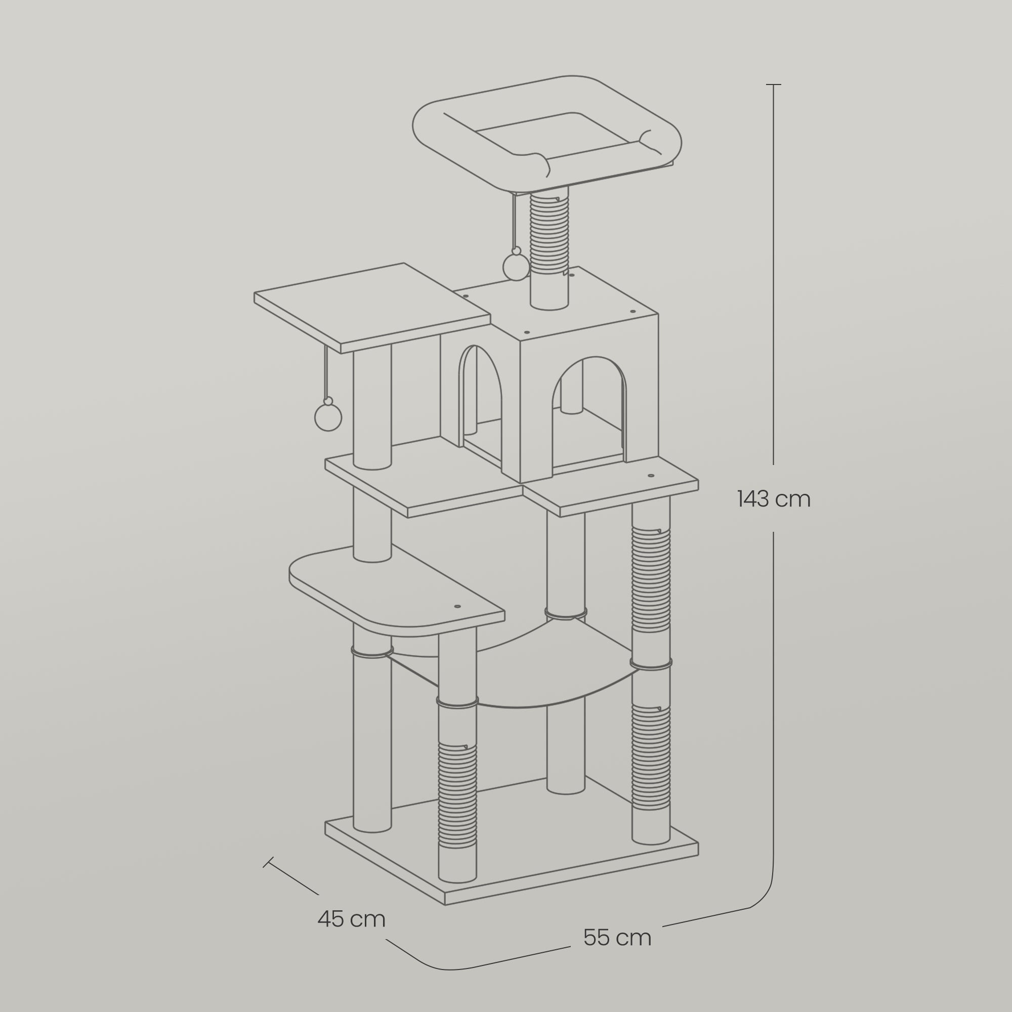 Multi-Level Cat Tree – Engineered Wood – Light Gray/Smoky Gray/Beige/Cream White – Featuring 4 Scratching Posts, 2 Perches, and Hammock