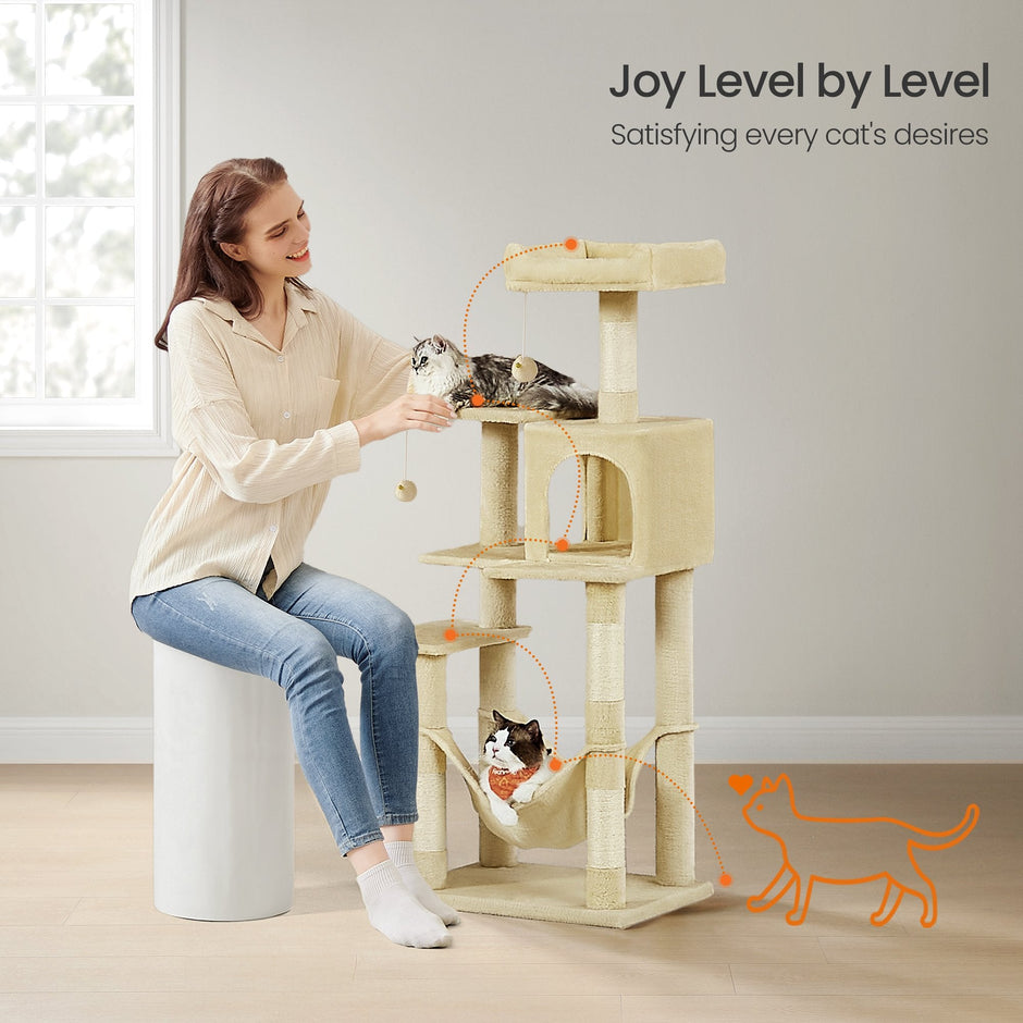 Multi-Level Cat Tree – Engineered Wood – Light Gray/Smoky Gray/Beige/Cream White – Featuring 4 Scratching Posts, 2 Perches, and Hammock