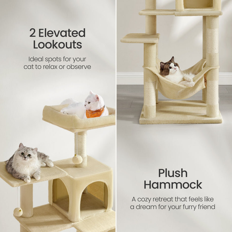 Multi-Level Cat Tree – Engineered Wood – Light Gray/Smoky Gray/Beige/Cream White – Featuring 4 Scratching Posts, 2 Perches, and Hammock