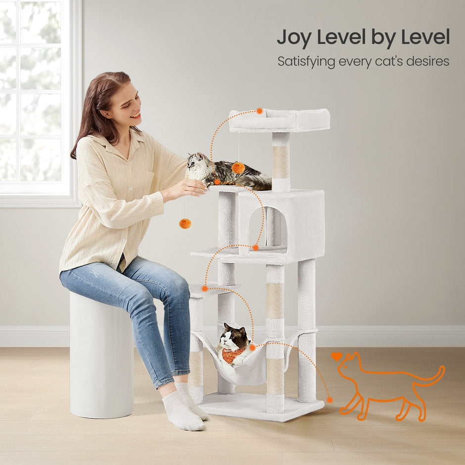 Multi-Level Cat Tree – Engineered Wood – Light Gray/Smoky Gray/Beige/Cream White – Featuring 4 Scratching Posts, 2 Perches, and Hammock